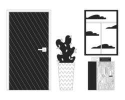 porte hall décoration noir et blanc 2d ligne dessin animé objet ensemble. Bureau bâtiment entrée conception isolé contour articles collection. intérieur style monochromatique plat place des illustrations vecteur