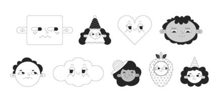 sensationnel mignonne noir et blanc 2d avatars illustration ensemble. Années 70 rétro cœur, nuage, fraise contour dessin animé personnage visages isolé. cône fête plat utilisateur profil images collection portraits vecteur