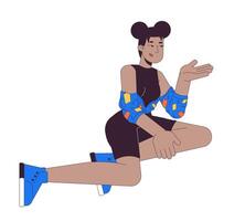 élégant sportif femme africain américain 2d linéaire dessin animé personnage. noir fille faire des gestes isolé ligne la personne blanc Contexte. séance pose. pensées exprimer Couleur plat place illustration vecteur