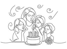 continu ligne dessin de une famille mère et enfant célébrer anniversaire gâteau avec bougies un ligne Créatif idée salutation carte illustration vecteur