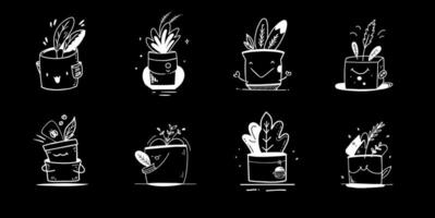 ensemble de pixel mis en pot plante Icônes de mis en pot les plantes sur une noir Contexte . haute qualité. collection de ligne art des illustrations avec divers plantes d'intérieur. le minimaliste noir et blanc dessins. vecteur