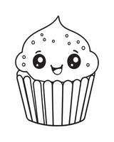 mignonne kawaii petit gâteau coloration pages, petit gâteau illustration, petit gâteau noir et blanc, petit gâteau plat conception, gâteau art. vecteur