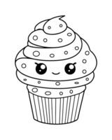 mignonne kawaii petit gâteau coloration pages, petit gâteau illustration, petit gâteau noir et blanc, petit gâteau plat conception, gâteau art. vecteur