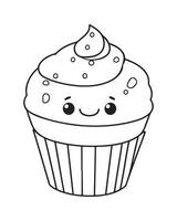 mignonne kawaii petit gâteau coloration pages, petit gâteau illustration, petit gâteau noir et blanc, petit gâteau plat conception, gâteau art. vecteur