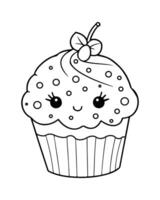 mignonne kawaii petit gâteau coloration pages, petit gâteau illustration, petit gâteau noir et blanc, petit gâteau plat conception, gâteau art. vecteur