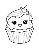 mignonne kawaii petit gâteau coloration pages, petit gâteau illustration, petit gâteau noir et blanc, petit gâteau plat conception, gâteau art. vecteur