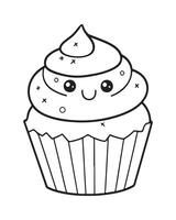 mignonne kawaii petit gâteau coloration pages, petit gâteau illustration, petit gâteau noir et blanc, petit gâteau plat conception, gâteau art. vecteur