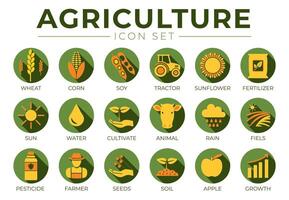 coloré agriculture rond icône ensemble de blé, maïs, soja, tracteur, tournesol, engrais, soleil, eau, cultiver, temps, pluie, des champs, pesticide, agriculteur, graines, sol, pomme, croissance Icônes. vecteur