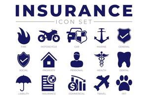 Assurance icône ensemble avec voiture, propriété, feu, vie, animal de compagnie, voyage, dentaire, santé, Marin, responsabilité Assurance Icônes vecteur