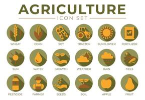 Naturel agriculture rond icône ensemble de blé, maïs, soja, tracteur, tournesol, engrais, soleil, eau, croissance, temps, pluie, des champs, pesticide, agriculteur graines, sol, pomme, fruit Icônes. vecteur