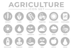 gris agriculture rond icône ensemble de blé, maïs, soja, tracteur, tournesol, engrais, soleil, eau, croissance, temps, pluie, des champs, pesticide, agriculteur graines, sol, pomme, fruit Icônes. vecteur