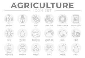 agriculture contour gris rond icône ensemble de blé, maïs, soja, tracteur, tournesol, engrais, soleil, eau, croissance, temps, pluie, des champs, pesticide, agriculteur, graines, sol, pomme, fruit Icônes. vecteur