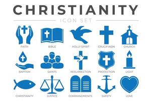 christianisme icône ensemble avec foi, Bible, crucifixion , Baptême, église, résurrection, saint esprit, saints, commandements, lumière, protection, justice, sécurité et l'amour Icônes vecteur