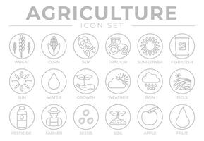 mince agriculture rond contour icône ensemble de blé, maïs, soja, tracteur, tournesol, engrais, soleil, eau, croissance, temps, pluie, des champs, pesticide, agriculteur, graines, sol, pomme, fruit Icônes. vecteur
