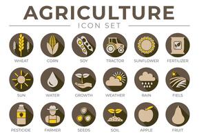 marron agriculture rond icône ensemble de blé, maïs, soja, tracteur, tournesol, engrais, soleil, eau, croissance, temps, pluie, des champs, pesticide, agriculteur graines, sol, pomme, fruit Icônes. vecteur