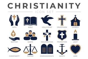 christianisme icône ensemble avec foi, Bible, crucifixion , Baptême, église, résurrection, saint esprit, saints, commandements, lumière, protection, justice, sécurité et l'amour Christian Icônes vecteur