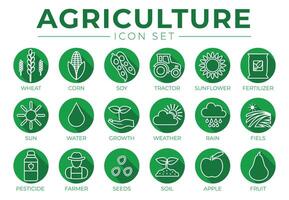 agriculture rond contour icône ensemble de blé, maïs, soja, tracteur, tournesol, engrais, soleil, eau, croissance, temps, pluie, des champs, pesticide, agriculteur, graines, sol, pomme, fruit Icônes. vecteur