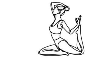 yoga international yoga journée. femme Est-ce que des exercices avec main à relaxation ligne art dessin style noir linéaire esquisser, main dessin griffonnage fille engagé dans yoga vecteur