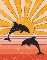 sensationnel affiche Années 70 style avec Soleil et dauphins. rétro impression avec grange texture. illustration avec ensoleillement et mer vecteur