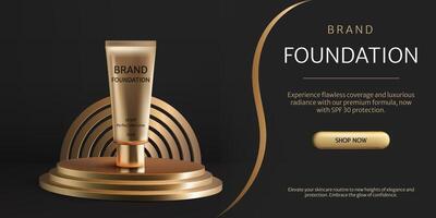 bannière luxe 3d podium dans d'or tons présente une fondation crème d'or tube, idéal pour mettant en valeur beauté des produits. ses moderne conception et élégant présentation, parfait pour publicité. vecteur