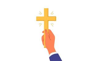 d'or Christian crucifix dans mains homme, attrayant à J'accepte catholicisme et assister église pour prières vecteur
