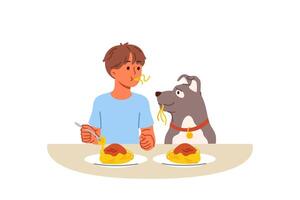 peu garçon et chien manger spaghetti séance à tableau, démontrant relation amicale et confiance vecteur