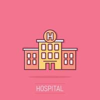 hôpital bâtiment icône dans bande dessinée style. médical clinique dessin animé illustration sur isolé Contexte. médicament éclaboussure effet signe affaires concept. vecteur