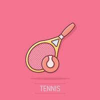 tennis raquette icône dans bande dessinée style. jeu raquette dessin animé illustration sur isolé Contexte. sport activité éclaboussure effet signe affaires concept. vecteur