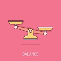 Balance icône dans bande dessinée style. Balance dessin animé illustration sur isolé Contexte. Masse Comparaison éclaboussure effet signe affaires concept. vecteur