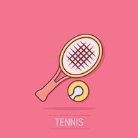 tennis raquette icône dans bande dessinée style. jeu raquette dessin animé illustration sur isolé Contexte. sport activité éclaboussure effet signe affaires concept. vecteur