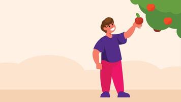 garçon choix un Pomme de une arbre dans le jardin illustration vecteur