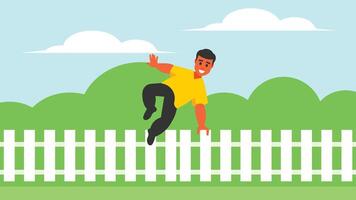 garçon sauts plus de une clôture dans une ferme avec jardin Contexte illustration vecteur