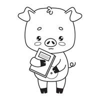 mignonne porc avec livre. contour animal dessin animé personnage. ligne dessin, coloration livre. illustration. des gamins collection. vecteur