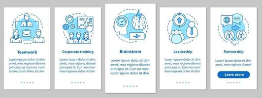 coopération et interaction à bord de l'écran de la page de l'application mobile avec des concepts linéaires. travail d'équipe, formation en entreprise, remue-méninges, leadership, instruction sur les étapes du partenariat. ux, ui, illustration vectorielle gui vecteur