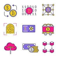 Jeu d'icônes de couleur de crypto-monnaie bitcoin. carte graphique, échange de bitcoins, code binaire, numérisation d'empreintes digitales, chariot de mine, cloud mining, argent, blockchain, fintech. illustrations vectorielles isolées vecteur