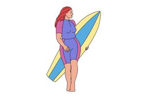 une surfeur fille avec rouge cheveux des promenades avec une planche. illustration isolé sur blanc Contexte. l'eau des sports. surfant. équilibre, équilibre. mer. océan. vecteur