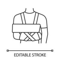 icône linéaire d'immobilisation d'épaule. élingue et andain. illustration de la ligne mince. bras cassé, traitement des blessures à l'épaule. attelle de fixation de bras. symbole de contour. dessin de contour isolé de vecteur. trait modifiable vecteur