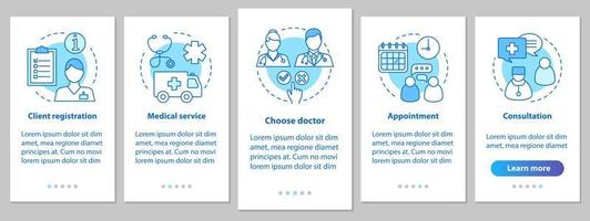 écran de page d'application mobile d'intégration de service médical avec concept linéaire. Médicament. étapes de la clinique privée. rendez-vous médical. consultation de médecin. modèle vectoriel ux, ui, gui avec illustrations