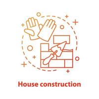 icône de concept de construction de maison. illustration de ligne mince d'idée de processus de construction. mur de briques avec pelle triangulaire et gants. dessin de contour isolé de vecteur