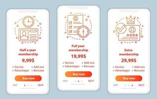 prix d'adhésion à bord des écrans d'applications mobiles modèles vectoriels. étapes des plans tarifaires. interface de pages de site Web pas à pas. mise en page de la page Web de paiement d'abonnement pour smartphone vecteur