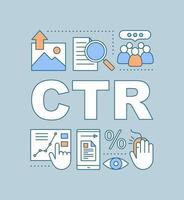 bannière de concepts de mot ctr. taux de clics. trafic du site Web. taux de conversion. métriques et outils smm. idée de typographie de lettrage isolé avec des icônes linéaires. illustration de contour de vecteur