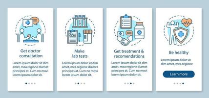 modèle de vecteur d'écran de page d'application mobile d'intégration de dépistage de la santé. obtenir une consultation médicale, un traitement. Procédure pas à pas du site Web avec des illustrations linéaires. concept d'interface de smartphone ux, ui, gui