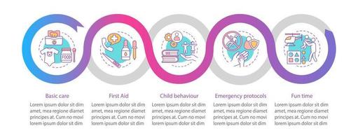 modèle d'infographie vectorielle de baby-sitting. soins de bébé, soins infirmiers, activité de plein air. éléments de conception de présentation d'entreprise. visualisation des données avec étapes et options. chronologie du processus. disposition du flux de travail vecteur