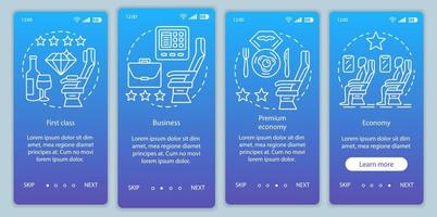classe de voyage d'avion sièges bleu intégration modèle vectoriel d'écran de page d'application mobile. affaires, classe économique. Procédure pas à pas du site Web avec des icônes linéaires. concept d'interface de smartphone ux, ui, gui