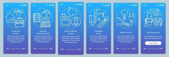 services à domicile intégration du modèle vectoriel d'écran de page d'application mobile. ménage, service bricoleur. Procédure pas à pas du site Web avec des illustrations linéaires. concept d'interface de smartphone ux, ui, gui