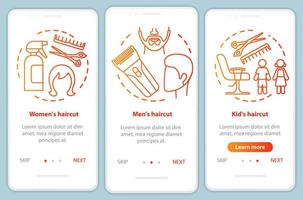 services de salon de coiffure modèle vectoriel d'écran de page d'application mobile d'intégration rouge. coupe de cheveux femmes et hommes. Procédure pas à pas du site Web avec des illustrations linéaires. concept d'interface de smartphone ux, ui, gui
