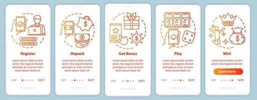 Écran de page d'application mobile d'intégration de casino en ligne avec des concepts linéaires. inscrivez-vous, déposez, obtenez des bonus, jouez et gagnez. Procédure pas à pas instructions graphiques. modèle vectoriel ux, ui, gui avec illustrations