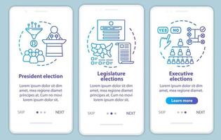 élections d'intégration du modèle vectoriel d'écran de page d'application mobile. président, législature, élections exécutives. Procédure pas à pas du site Web avec des illustrations linéaires. concept d'interface de smartphone ux, ui, gui