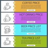 Listes de prix des boissons ensemble de modèles de bannières Web. tasses à café et à thé, chope à bière avec signes dollar. éléments de menu de couleur de site Web avec des icônes linéaires. concepts de conception d'en-têtes de vecteur