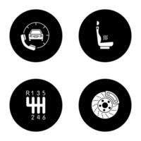 Ensemble d'icônes de glyphe d'atelier automatique. voiture avec combiné, siège auto chauffant, levier de vitesse, frein à disque. illustrations vectorielles de silhouettes blanches dans des cercles noirs vecteur